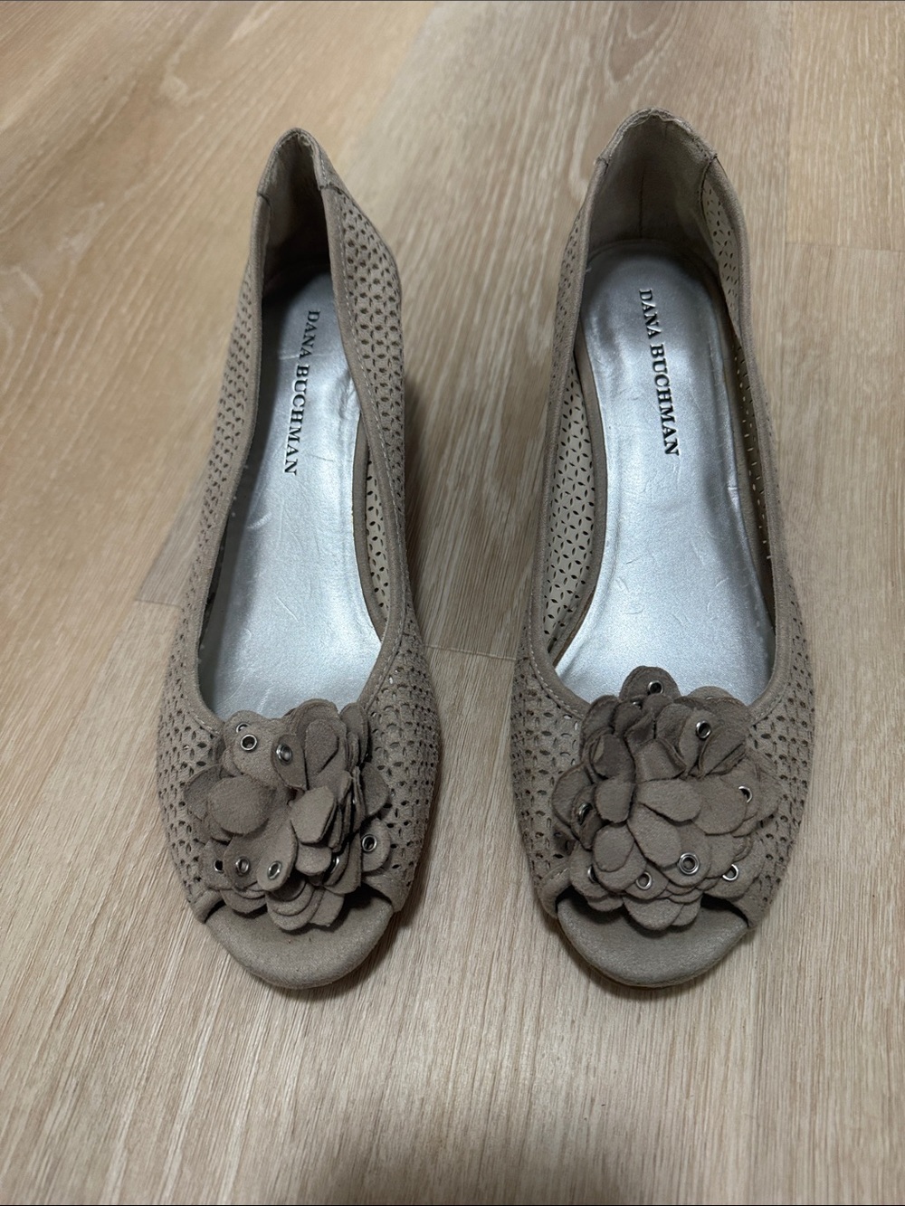 Dana Buchman Taupe Floral Perforated Peep-Toe Flats with Appliqué
